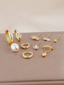 9 pièces Ensemble de boucles d'oreilles vintage élégantes avec zircone et faux perle, boucles d'oreilles multi-couches pour cartilage, convient pour le quotidien, les rendez-vous, les fêtes et le superposage pour les femmes - Or jaune - Voir 6