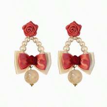 New Valentine's Day Pink Rose & Pearl Earrings, Suitable For Women's Holiday Wear
