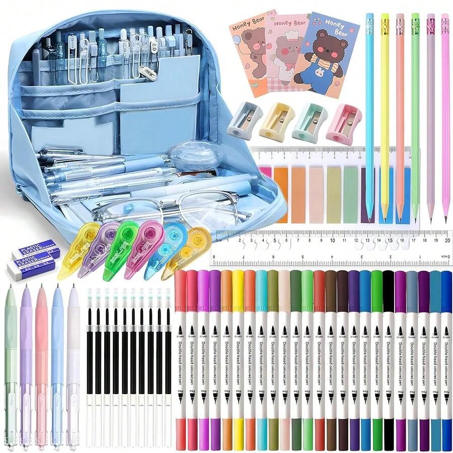 56 PCS Aesthetic Schoolsss Supplies With Large Pencil Case, 24 Double Brush Marker Pens, 5 Black Ink Gel Pens, 6 Macaron Pencils, 4 Sharpeners, Sticky Notes, Ruler, Erasers, Stationery Gift - Màu xanh da trời - Xem 1