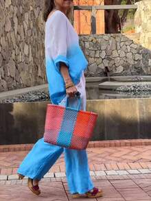 Nuevo Conjunto Árabe Mujer 2026 Estilo Fresco Degradé 2 Piezas Moda Vestido Largo y Pantalón Ancho - Azul cielo - Ver 2