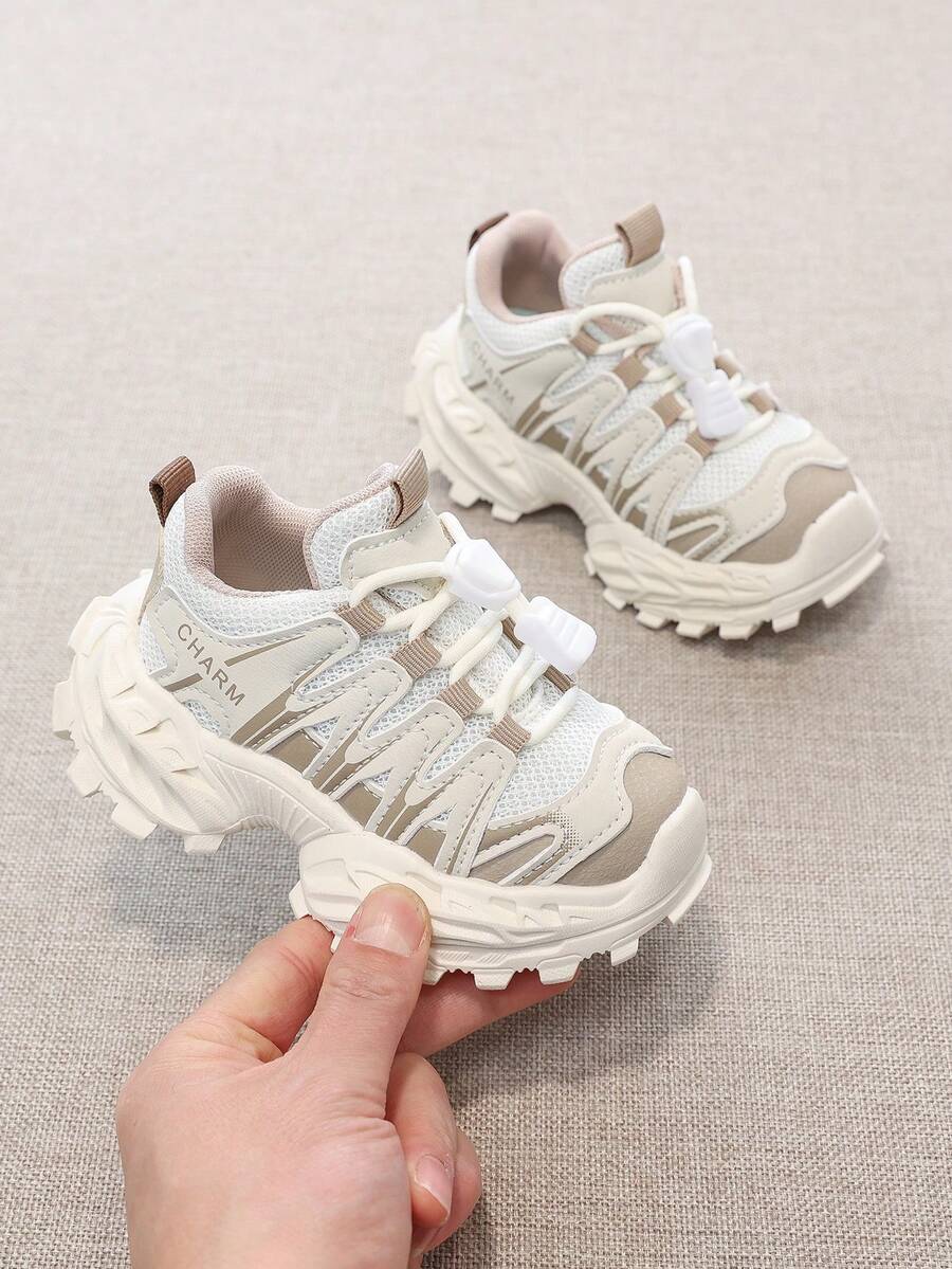 1 Pair Kids' Mecha Chunky Sneakers, Mesh Breathable, Boys/Girls Thick Sole Shock Absorbing Anti-Slip Toddler Athletic Shoes, Fashionable Casual Running Shoes - Beige - View 1