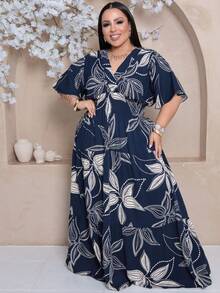 Plus Size Long Dress With V-Neck And Short Sleeves - Navy Blue Print - View 1