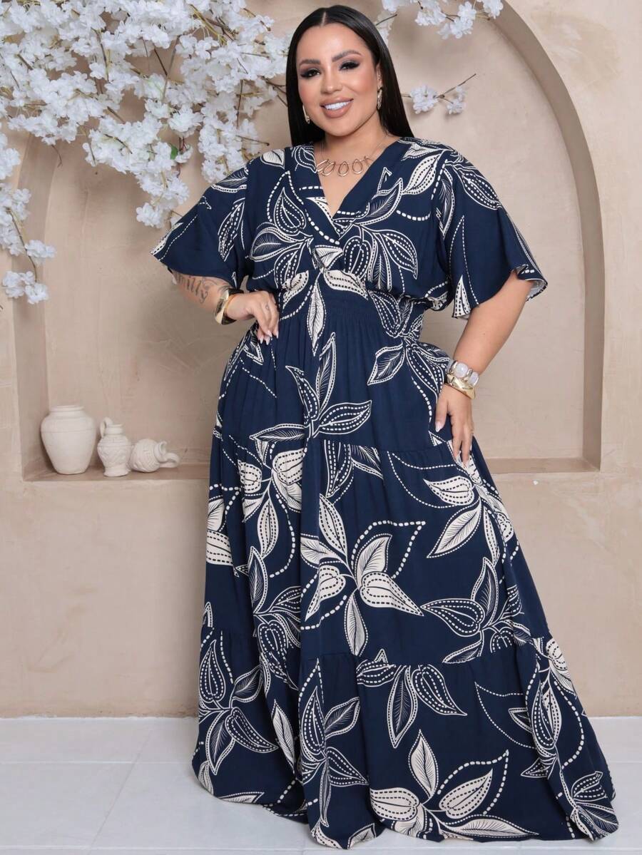 Plus Size Long Dress With V-Neck And Short Sleeves - Navy Blue Print - View 1