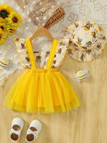 2件套女婴休闲日常甜美可爱黄色编织连帽泡泡袖蜜蜂印花拼接黄色网纱连衣裙和印花帽子套装，夏季 - 黃色 - 查看 3
