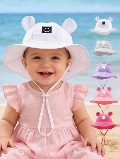 1pc Baby Bucket Hat, Suitable For 3-12 Months, Unisex, Cute Ear Design, Adjustable Chin Strap, Wide Brim Sun Protection Hat, Summer Beach Outdoor Cap (Multiple Colors Available)