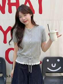 Grey Knit Cardigan Short Sleeve Women Slim Fit Collegiate Style Summer Round Neck Lace Patchwork Thin Top With Drawstring Hem - Grey - View 5