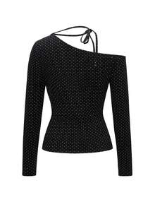 Rikumo Blusa de manga larga de punto con lunares negros, estilo coreano chic y sexy, con diseño de lazo de un hombro, adecuada para uso casual, en casa, calle y transporte - Negro - Ver 5