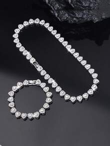 2 pièces/set Bracelet et collier romantique, charme classique hip-hop, élégant et brillant en forme de cœur. Bijoux de mode pour femmes, convient pour les fêtes, les mariages, les festivals de musique - cadeau parfait pour la Saint-Valentin, l'amitié, l'épouse ou la petite amie - A - Voir 3