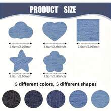 5pcs Iron-On Patches - 5 Colors (Blue Shades) With Heart, Flower, Star & Cloud Shapes For Clothing Decoration & Repair - Durable Fabric For DIY Customization, Clothing Patchwork , Creative Fabric Decoration, Fun Shape Patches, Easy Apply Patches - Multicolor - View 3