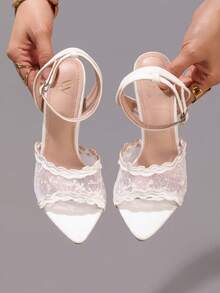 时尚蕾丝刺绣高跟凉鞋，性感尖头派对晚宴婚礼鞋，超细高跟，白色 - 白色 - 查看 5