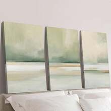 3 Stücke, abstrakte Leinwanddruckkunst, Küstenlinie, moderne abstrakte Landschaftsölmalerei, salbeigrüne Kunst, geeignet für Wanddekoration Zuhause, ohne Rahmen - Verschiedenfarbig - Übersicht 3