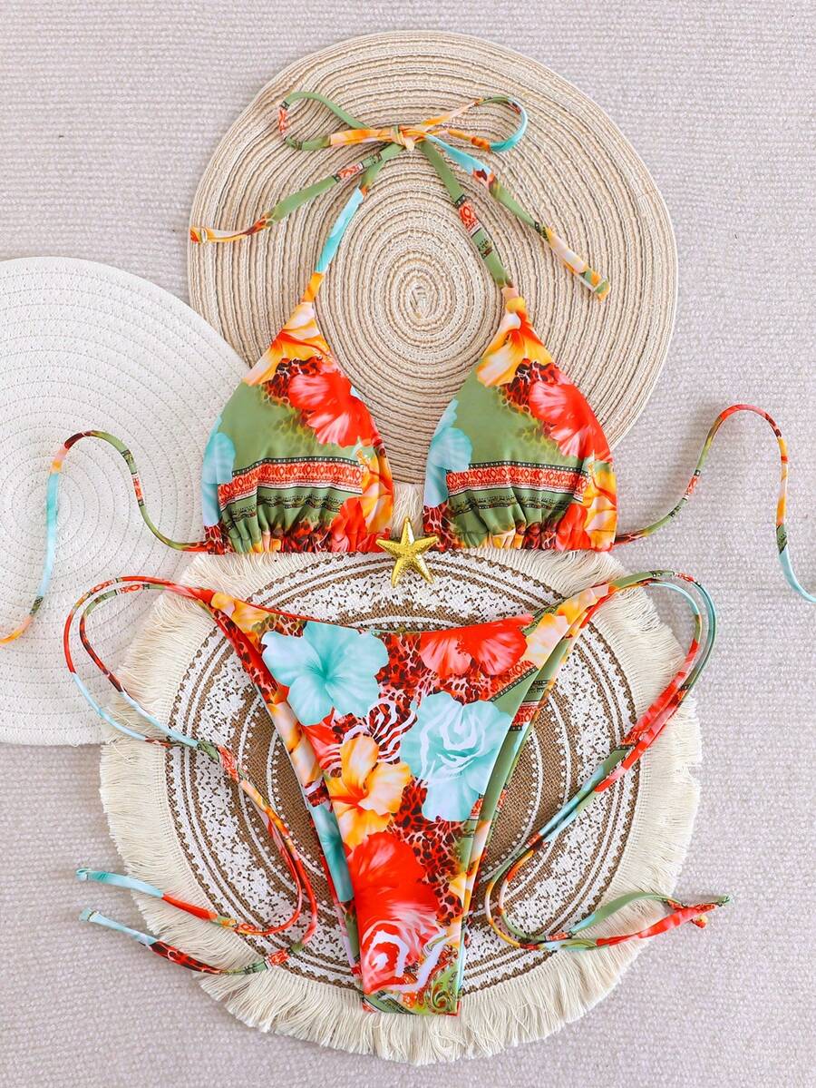 2 piezas Bikini con estampado floral sin espalda y con lazos, elegante traje de baño con estampado floral sin espalda y con lazos para playa, vacaciones y fiestas - Multicolor - Ver 1