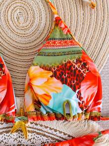 2 piezas Bikini con estampado floral sin espalda y con lazos, elegante traje de baño con estampado floral sin espalda y con lazos para playa, vacaciones y fiestas - Multicolor - Ver 5