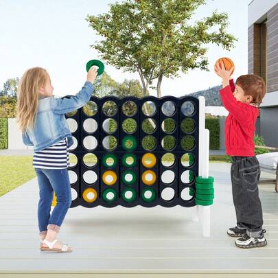  COSTWAY Giant 4-In-A Row, Jumbo 4-To-Score Giant Game Set For Kids & Adults, 2.5Ft Indoor Outdoor Family Connect Game W/Basketball Hoop, Ring Game, 42 Jumbo Rings, Quick-Release Slider, Perfect For Birth & Holiday Party, White