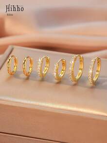 Hihho 6pcs Classic And Elegant Shiny Cubic Zirconia Inlaid Round Hoop Earrings Set For Women, Dating Gift, Large Medium Small