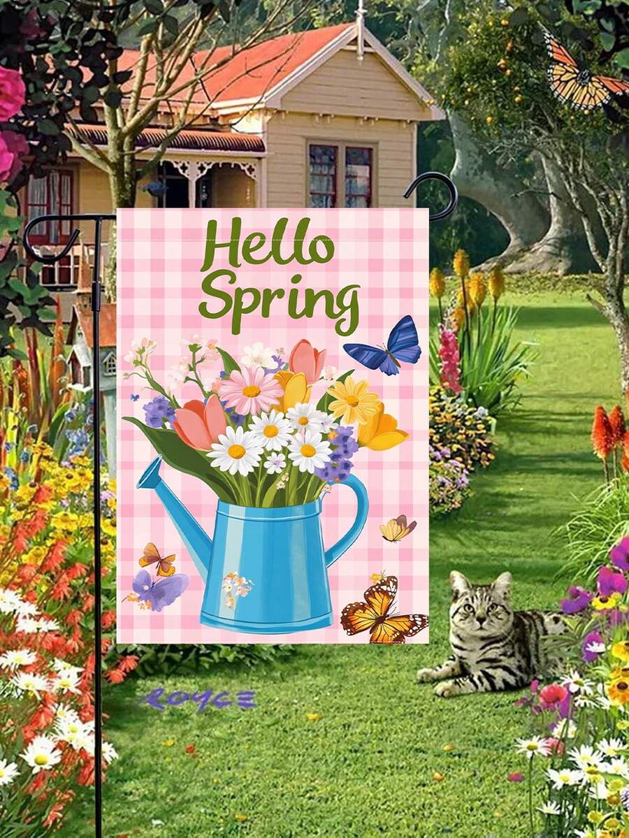 1 件装“你好，春天”花园旗，尺寸 12x18 英寸，水瓶花束蝴蝶粉色格子花园旗，麻布花卉花园庭院横幅，适合夏季乡村季节性户外房屋装饰，季节性麻布庭院旗，“欢迎春天”春季花园装饰，春季主题庭院装饰 - 彩色 - 查看 1
