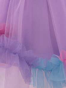 女婴亮片网纱蝴蝶结不对称露肩拖地公主裙，适合派对、婚礼、生日等场合，不含头饰 - 淡紫色 - 查看 8