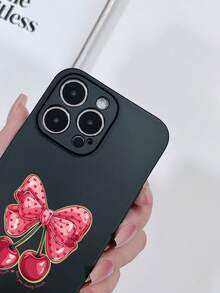 1pc Matte Texture Black Perforated Anti-Drop TPU Painted Heart, Cherry, Bow Pattern Phone Case Compatible With IPhone 15/15 Pro/15 Plus/15 Pro Max/16/16 Pro/16 Plus/16 Pro Max, Galaxy S23 Ultra/A14/A24, Android Phones Redmi Note 12 Pro - Multicolor - View 2