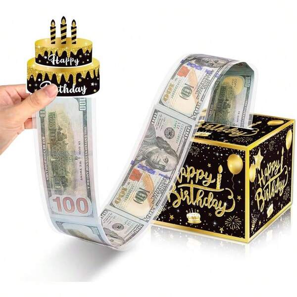 Happy Birthday Cash Box, Cash Gift Box (Pullout), Happy Birthday Card, Cash Gift Box, 30pcs Transparent Self-Sealing Cash Plastic Bags And Transparent Tape Roll