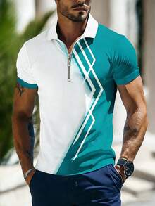 Men's Summer Polo Shirt With Blue & White Geometric Stripe Pattern, Diagonal Color Block Half Zip Collar Design, Comfortable Fabric Suitable For Casual, Sports, Outdoor, Commute Wear - Blue and White - View 9