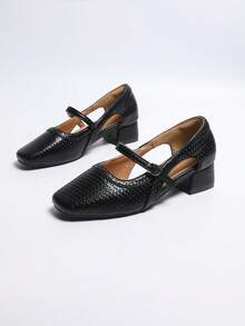 百搭厚底凉鞋，复古编织镂空绑带方头玛丽珍鞋，时尚办公服饰 - 黑色 - 查看 2