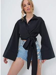 Camisa casual de manga larga con botones delanteros y lazo, de unicolor - Negro - Ver 2