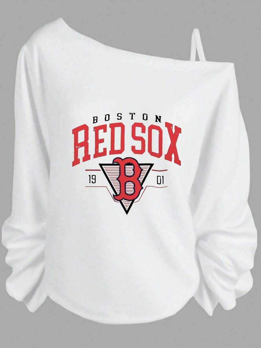 Casual Outfits For Women, Boston Red Sox Logo, Off The Shoulder Long Sleeve Sweatshirt, Sporty Style For Summer, Concert And Everyday Wear-Vacation Outfits Women, Beachwear, Resort Wear, Summer Tops - 白色 - 查看 1