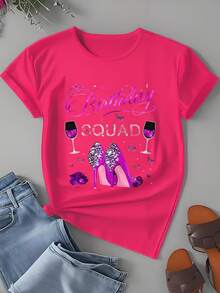 Birthday Squad T Shirt Women Party Celebration Graphic Tee Pink Heels Wine Glass Design Casual Fashion Top - 粉色 - 查看 2