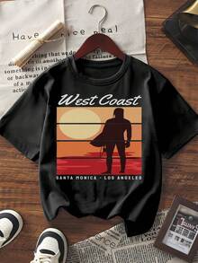 Camiseta de manga corta con cuello redondo de estilo retro de la oeste, con estampado de silueta del atardecer de Santa Mónica Los Ángeles, de corte holgado para uso diario, ropa de calle y vacaciones - Negro - Ver 6