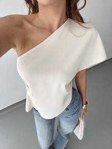 女士不对称肩部衬衫，优雅休闲风格，适合宴会、通勤、休闲穿着，春夏法式单肩衬衫，单肩上衣，单袖上衣，露肩衬衫，垂褶上衣，露肩衬衫 - 杏色 - 查看 2