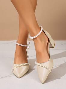 女士米色高跟鞋，时尚珍珠搭扣粗跟鞋，尖头设计，春夏新品；白色绑带凉鞋，米色珍珠装饰高跟凉鞋，优雅性感，适合搭配连衣裙、旗袍。 - 米色 - 查看 4