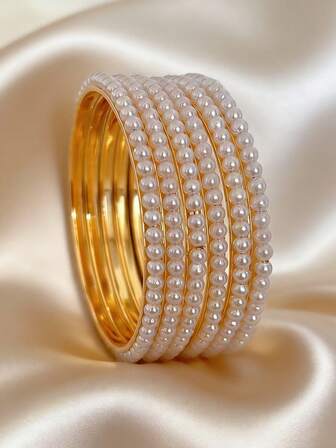 6pcs Gorgeous Faux Pearls Bracelet Bohemian Style Bangle Jewelry Suitable For Women's Daily Wear,Wedding,Party Jewelry Accessories