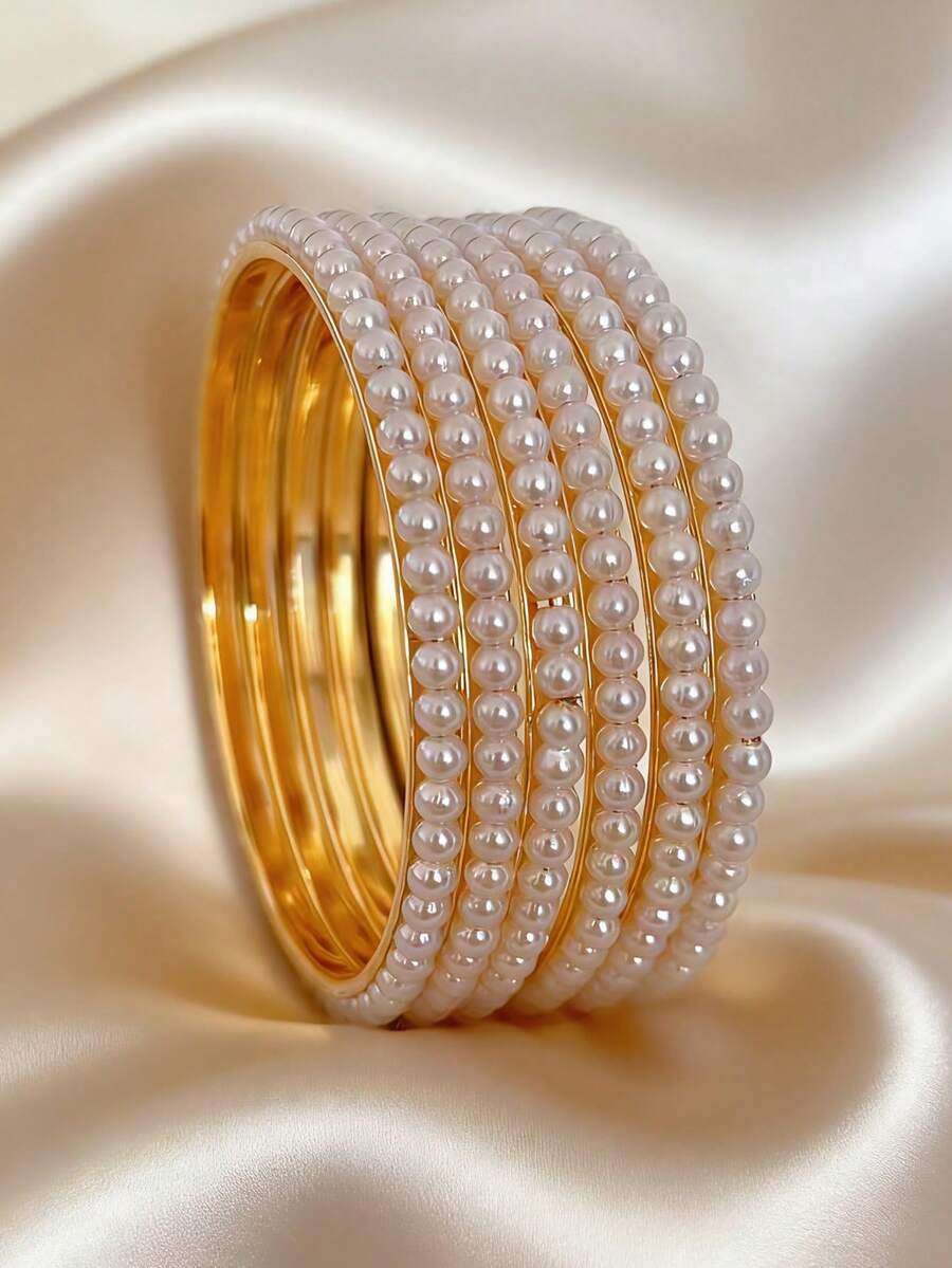 6件套精美仿珍珠手链，波西米亚风格手镯，适合女性日常佩戴、婚礼、派对等场合的珠宝配饰