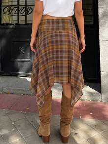 Aflion 女士新款春夏棕黄格纹印花腰部不对称下摆中长裙 - 复古休闲连衣裙，适合约会、派对、日常休闲、学院风、度假、音乐节和周末出游 - 彩色 - 查看 3