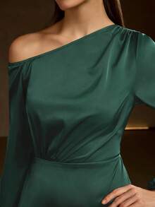 Elegant Jade Green Satin One-Shoulder Maxi Dress, Suitable For Spring Formal Events And Parties Party - Green - View 8
