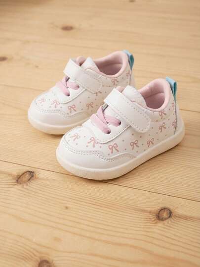 1 par de nuevos zapatos de estilo dulce y elegante para niñas, con estampado de lazo y diseño de cordones, punta redonda, suela suave, cómodos, zapatos casuales para bebés, adecuados para salidas diarias, actividades en el jardín de infantes, fiestas de cumpleaños de niñas, todo el año (patrón aleatorio)