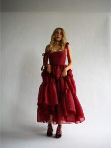 Maxi A Line Dress For Women Sleeveless Tie Shoulder U-Neck Split Hem Cross Bandage Ball Gown - 酒紅色 - 查看 1