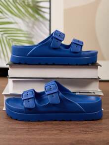 New Fashion Thick Bottom Elevated Sandals For Women, Versatile EVA Lightweight Comfortable Soft Double Adjustable Strap Sandals For Home, Party, Beach, Work, Shock-Absorbing - Royal Blue - View 11