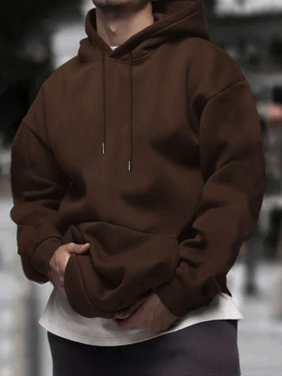 Men's Casual Minimalist Solid Color Kangaroo Pocket Drawstring Hoodie, Suitable For Daily Commute, Autumn/Winter - Brown - View 1