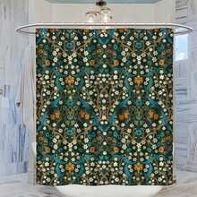 1pc Medieval Vintage Daisy Pattern Fabric Shower Curtain, Green Garden Floral Abstract Art Design, Suitable For Bathroom Bathtub Divider, Bathroom Shower Curtain Decor, Bathroom Accessories - Multicolor - View 2