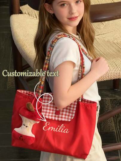 Customizable Large-Capacity Red Plaid Shoulderhandbag; Customizable Tote Bag For Students, Customizable Shoulder Satchel Daypack,Bag For Women, Commuting, And Casual Use.