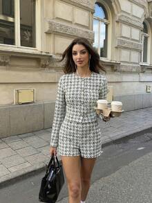 女士奢华千鸟格羊毛混纺两件套，优雅珍珠纽扣长袖外套和短裤，时尚帕丁顿熊风格套装，适合庆祝派对、夜店、街头穿着，春夏皆宜。 - 黑與白 - 查看 11