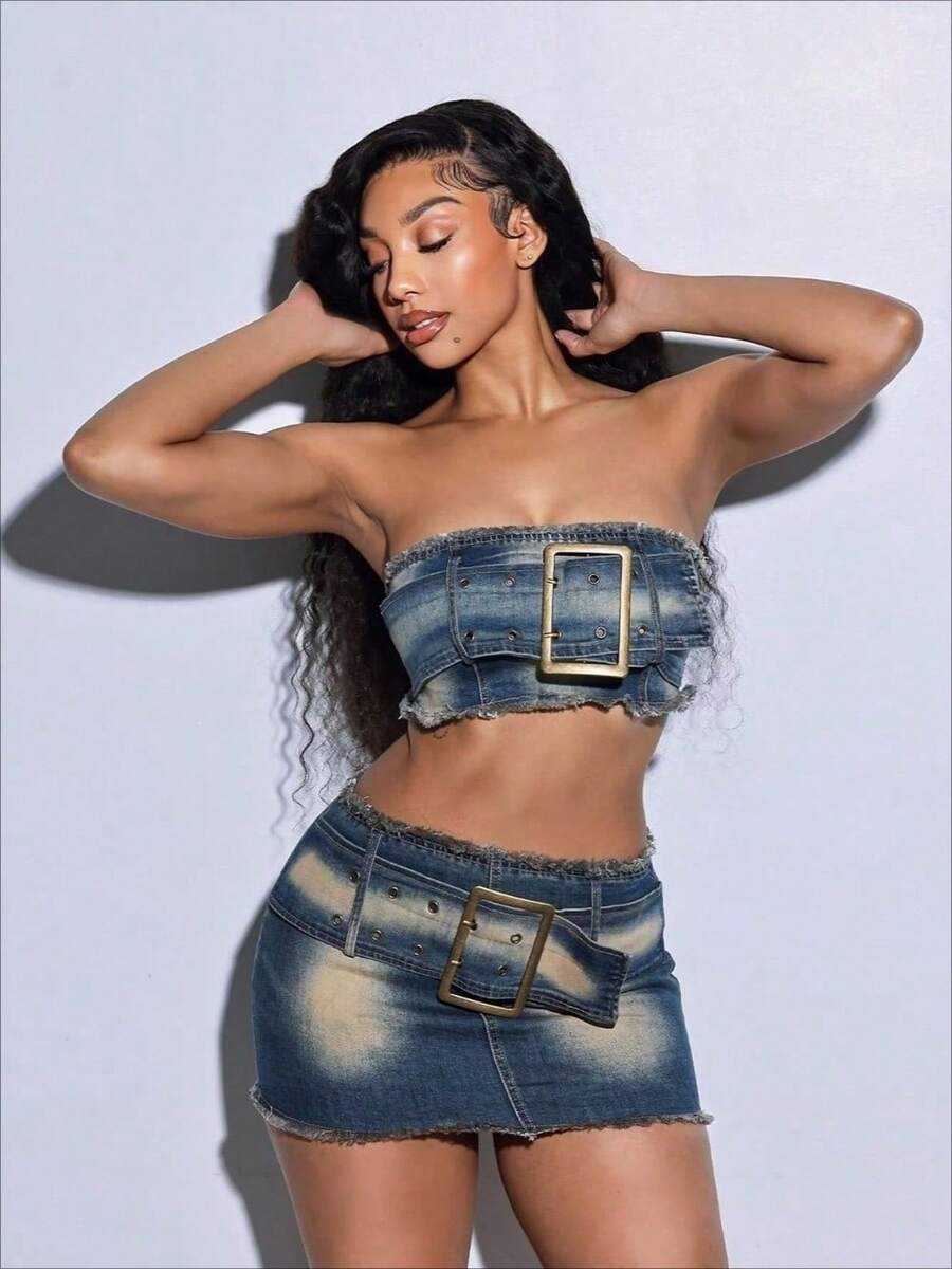 Summer New Denim Skirt Set Spice Girl Tugging Sister Bar Dating Seaside Dating Hot  Tube Top Belt Elastic Skirt Set - 藍色 - 查看 1