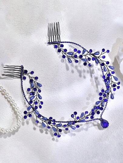 1 pieza Accesorio de pelo elegante y noble para mujer, diadema de mujer con estilo de perla falsa y diamante de imitación azul, pendiente de frente, tocado de mujer, tocado de novia, adecuado para ocasiones formales como bodas, cenas, fiestas, fotografía, accesorios para el cabello, suministros para bodas, recuerdos, regalos festivos, regalos de citas, accesorios para el cabello de primavera/verano