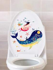 Brodark 可移除马桶贴纸，浴室装饰贴纸，艺术女孩与蓝鲸图案 - 白色 - 查看 4