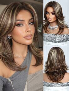 优雅时尚女士假发，18英寸，渐变色，自然卷曲短卷发，带刘海，耐热合成纤维编织假发。适合节日、旅行、舞会、家庭聚会、角色扮演、婚礼和日常佩戴。是送给女孩的节日礼物。 - 漸層 - 查看 12