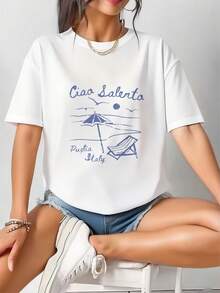 Women'S Casual Ciao Salento Italian Print T-Shirt - Short Sleeve, Round Neck, Lightweight Polyester, Spring Summer Top With Umbrella & Sun Design, Everyday Tshirt   Casual Style   Lightweight Fab - Trắng 3 - Xem 2