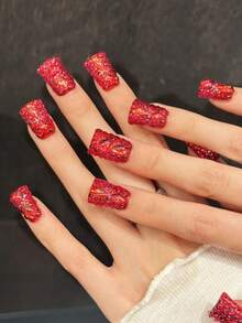 10 Pieces /Set, Press-On Nails Handcrafted High-End Quality Personalized Super Shiny Duckbill-Style Fake Nail Press Nails, Decorated With 3D Flowers And Rhinestones, Suitable For Ladies And Girls, Perfect For Parties, Dates And Vacations. The Product Is Suitable For Gluing. Change The Shape Of The Nails. Nail Care Products. Nail Art Tools. A Beginner In Manicure. - 紅色 - 查看 2