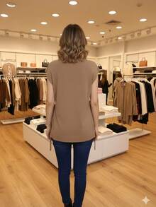 Casual Women's Deep V Neck Rib-Knit Regular Length Sweater Vest In Woven Fabric - Camel - View 2