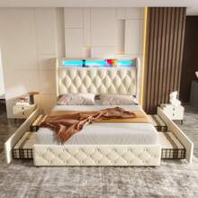 Upholstered Bed 140x190 Cm With LED Lighting And USB Socket, Headboard With Shelves And Storage Space, Flat Double Bed With 4 Drawers, Velvet. - White - View 1